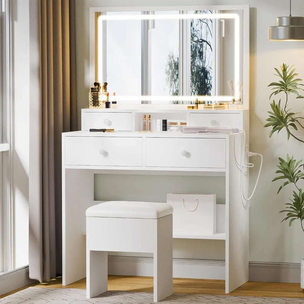 

Vanity Desk with Mirror and LED Lights, White Makeup Vanity with Power Outlet, Storage Drawers and Chair, Dressing Table