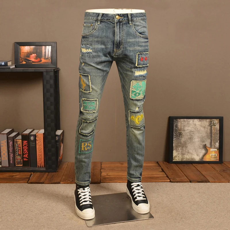 Street Fashion Men Jeans Retro Washed Blue Stretch Slim Fit Ripped Jeans Men Embroidery Patched Designer Hip Hop Denim Pants