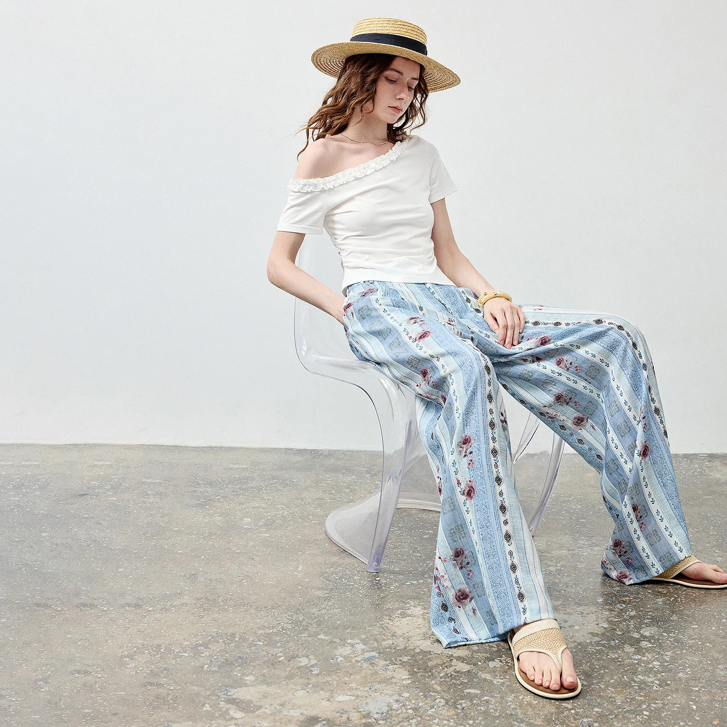 Women's Lace Off-Shoulder Top and Rose Stripe Pants Set