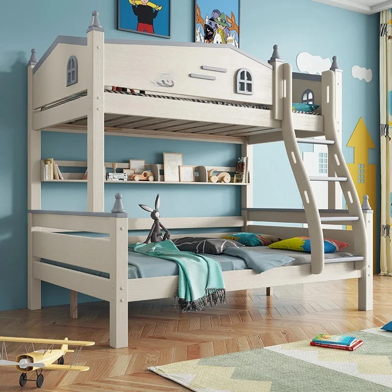 Solid wood bunk two floors high and low bed stairs with bookshelf storage multi-functional children's bed
