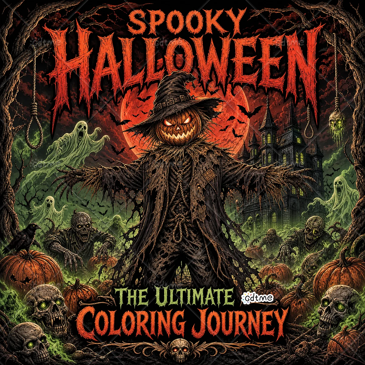 Spooky Halloween Coloring Book for Adults, Scarecrow Ghost Skull Pumpkin Patterns, Stress‑Relaxing Mindfulness Art Activity Book