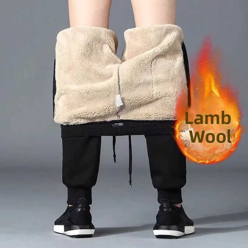 

Warm Thiened Lamb Velvet Men's Winter Trousers Cotton Pants Loose Long Snow Sports Leisure Dstring Waist Polyester Fiber