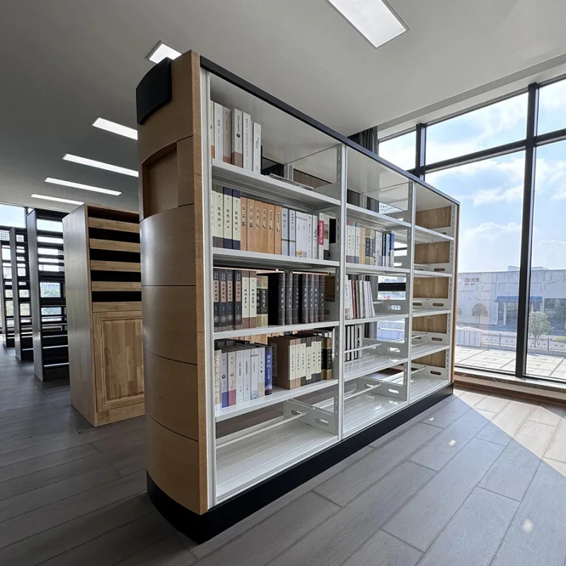 custom.Modern Stainless Steel Wood Library Bookcase System Adjustable Height 5 Shelves Foldable Floor Standing Commercial Use Sc