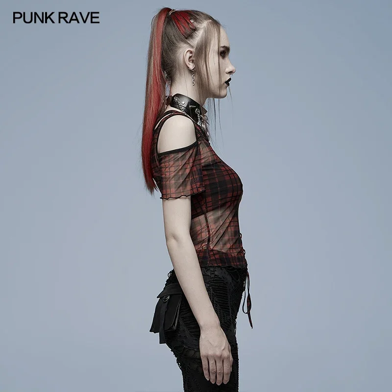 Imagem -04 - Camiseta Punk Rave Xadrez Perspectiva de Malha para Mulheres Decote Assimétrico Calos e Cordas Tops Casuais Decorados Diários Três Cores