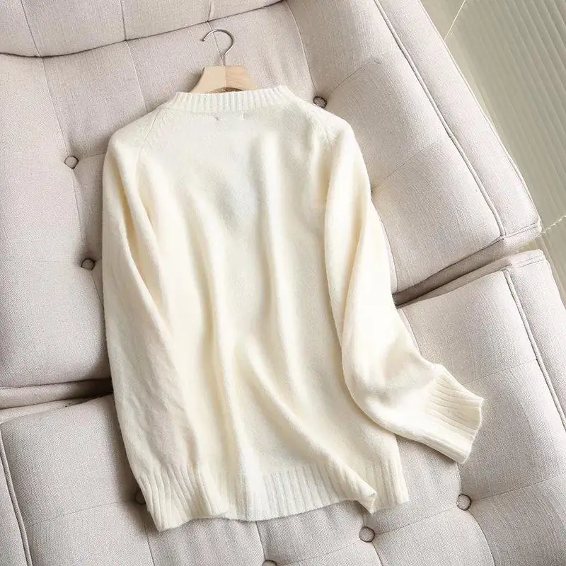 

Women Spring Autumn New Fashion Casual Pullover Knitted Sweater Retro Long Sleeve Chic Round Neck All-match Top Mujer