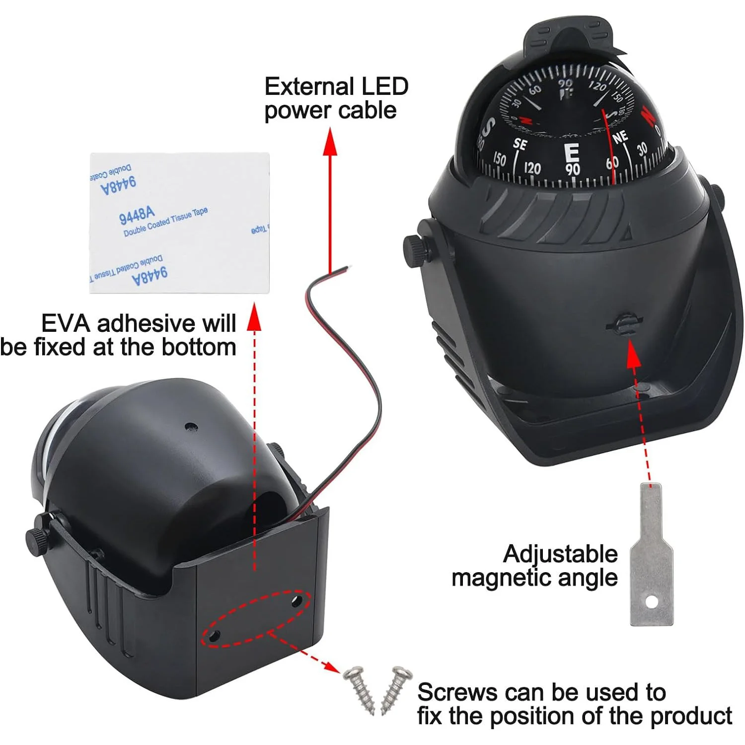 Boat Compass Flush Mount Compass, Marine Compass Dashboard, Dashboard Compass for Boat Car, Illuminated Dash Surface Mount