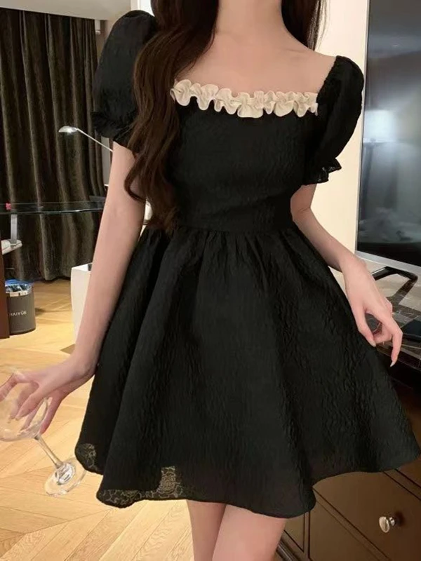 

Retro Square Neck Dress Women Summer Bubble Sleeve Waist Cinch Hepburn Style Slimming Small Knot Fairy Little Black...