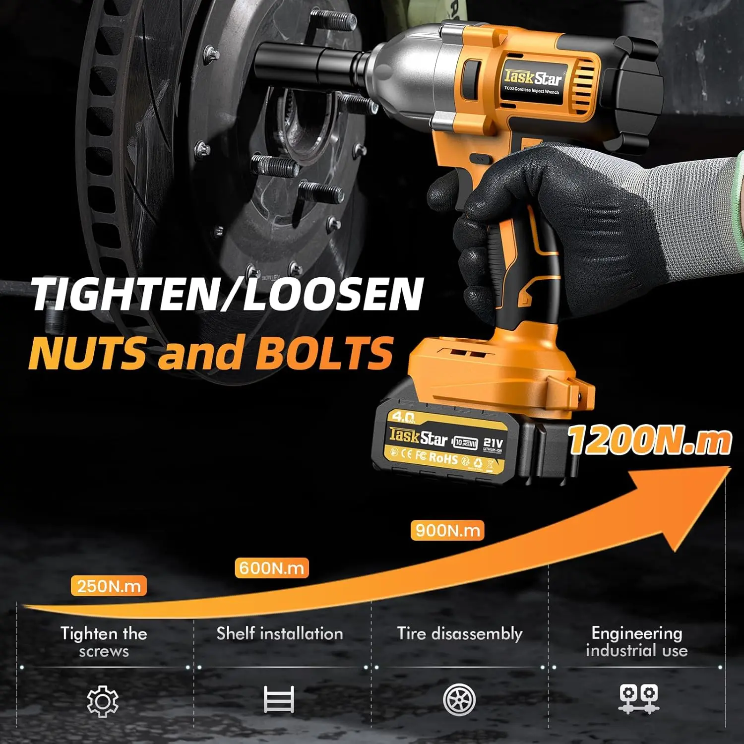 Taskstar Cordless Impact Wrench 1/2 Inch 1200Nm Brushless High Torque Impact Gun Electric Impact Driver for Car Truck RV Mower