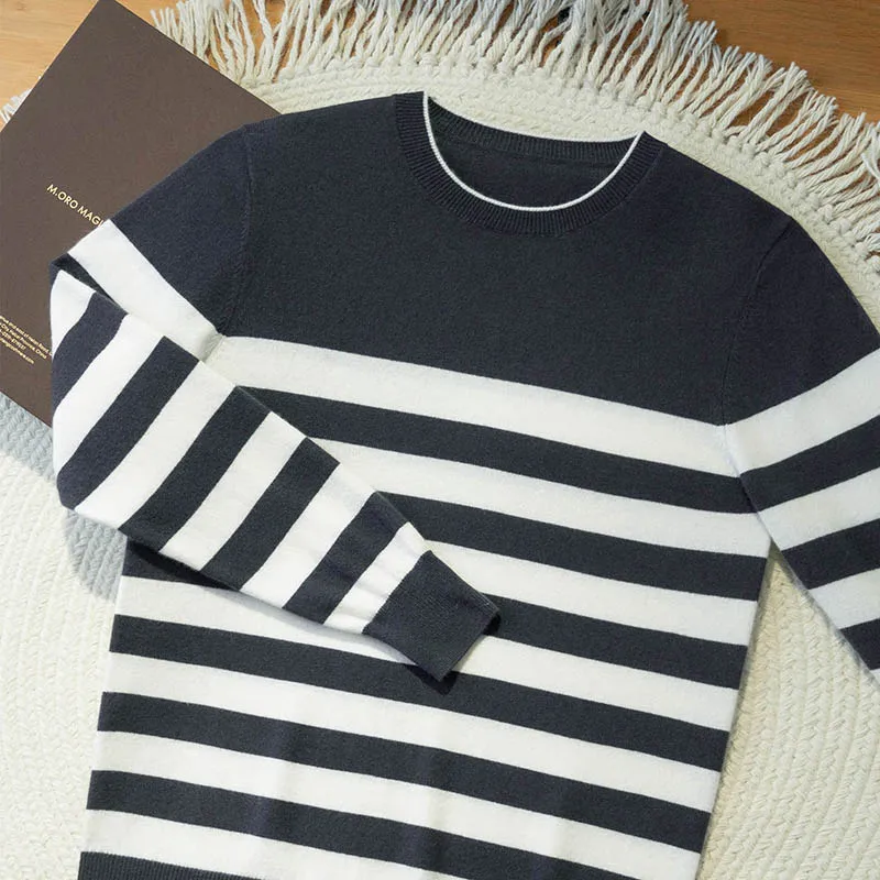 

Высококачественный мужской пуловер из 100% кашемира, свитер с круглым вырезом и длинными рукавами, весенне-осенний полосатый кашемировый вязаный джемпер, одежда