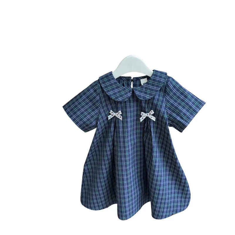 2025New Summer Girls' Plaid Dress Baby Fashionable Stylish Bow Princess Dress