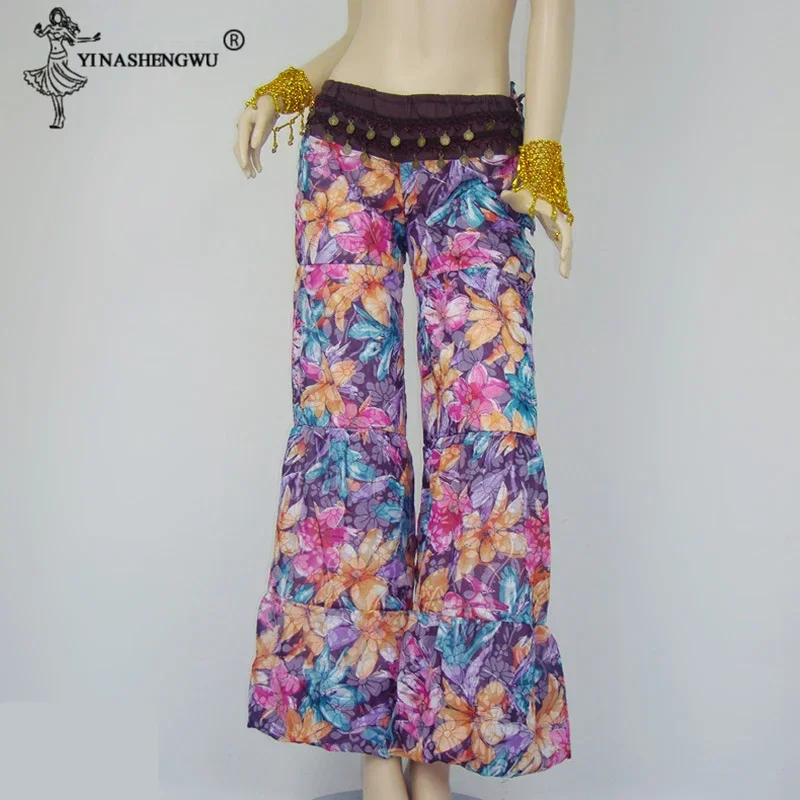 Damskie spodnie do tańca brzucha, szyfonowe, z kwiatowym wzorem, luźny krój, indyjski orientalny kostium taneczny do ćwiczeń, odzież taneczna dla tancerek.