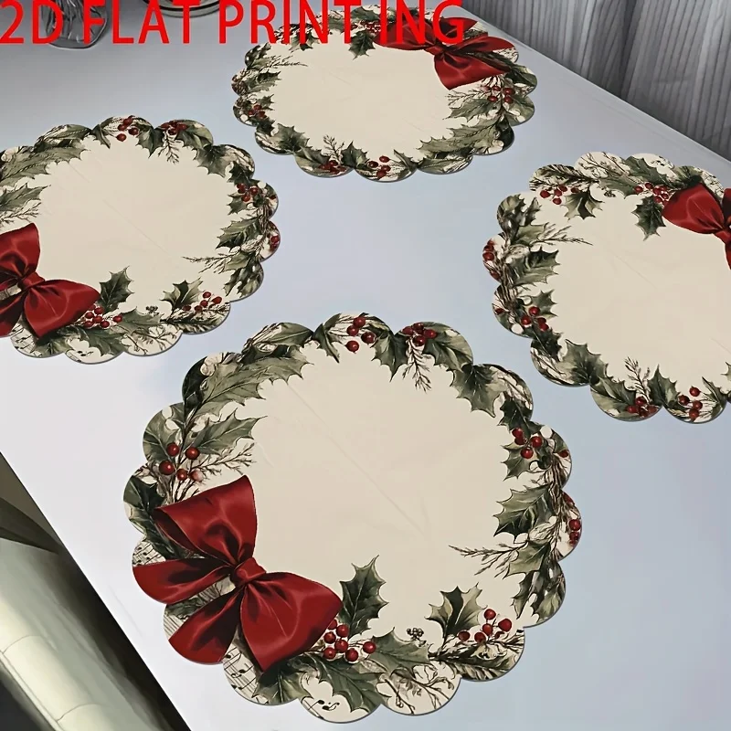 VIKAMA Round Scalloped Christmas Placemats Holly Bow Linen Mats Non-Slip Wipe Clean for Elegant Xmas Dining Table Decor