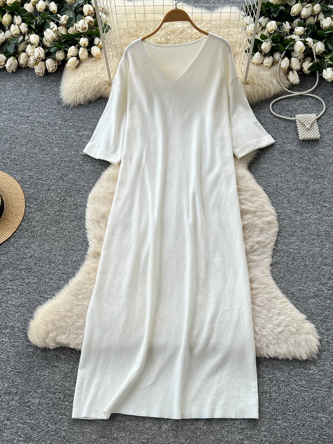 Vestido Casual de Manga 5/8 com Decote em V Estilo Relaxado Vestido de Suéter Solto e Emaecido para Mulheres Cintura Alta A...