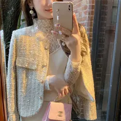 Women Sparkling Woolen Tweed Sequined Blazers Coat Beading Suits Jacket OL Lace Patchwork O-Neck Collar Cardigan Spring Tops
