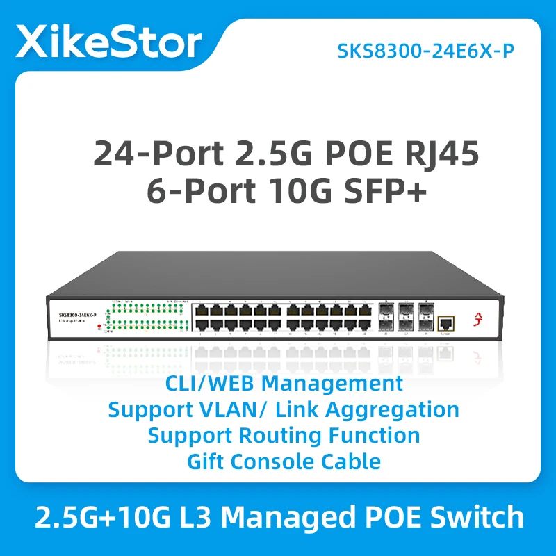 

XikeStor L3 Managed POE Switch 24 Ports 2.5G POE RJ45 6 Ports 10G SFP+ Ethernet Switch Support VLAN Port Aggregation WEB/CLI