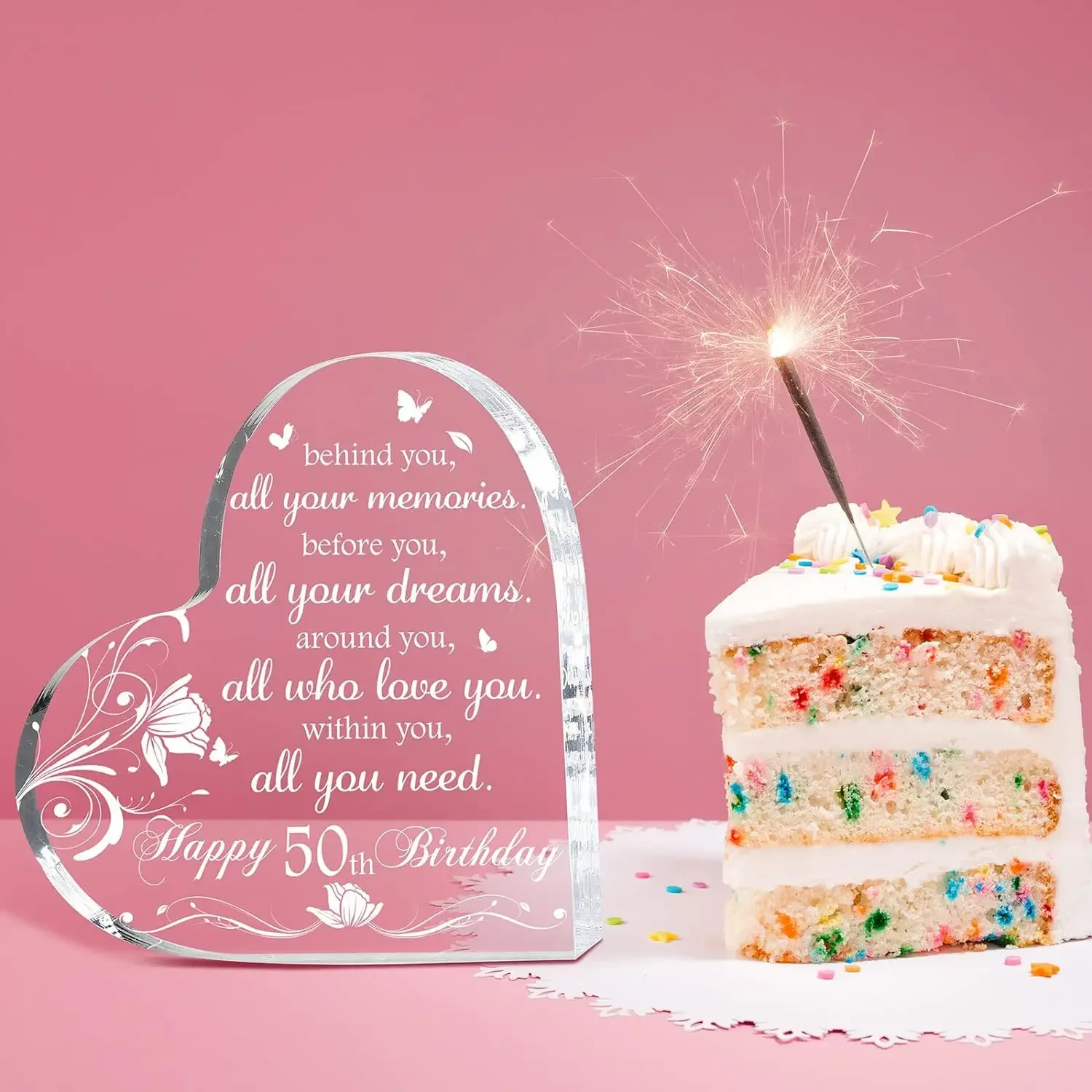 Silver Edge Clear Heart Acrylic Ornament White Floral Butterfly 50th Birthday Gift for Women Men 50 Year Old Gifts