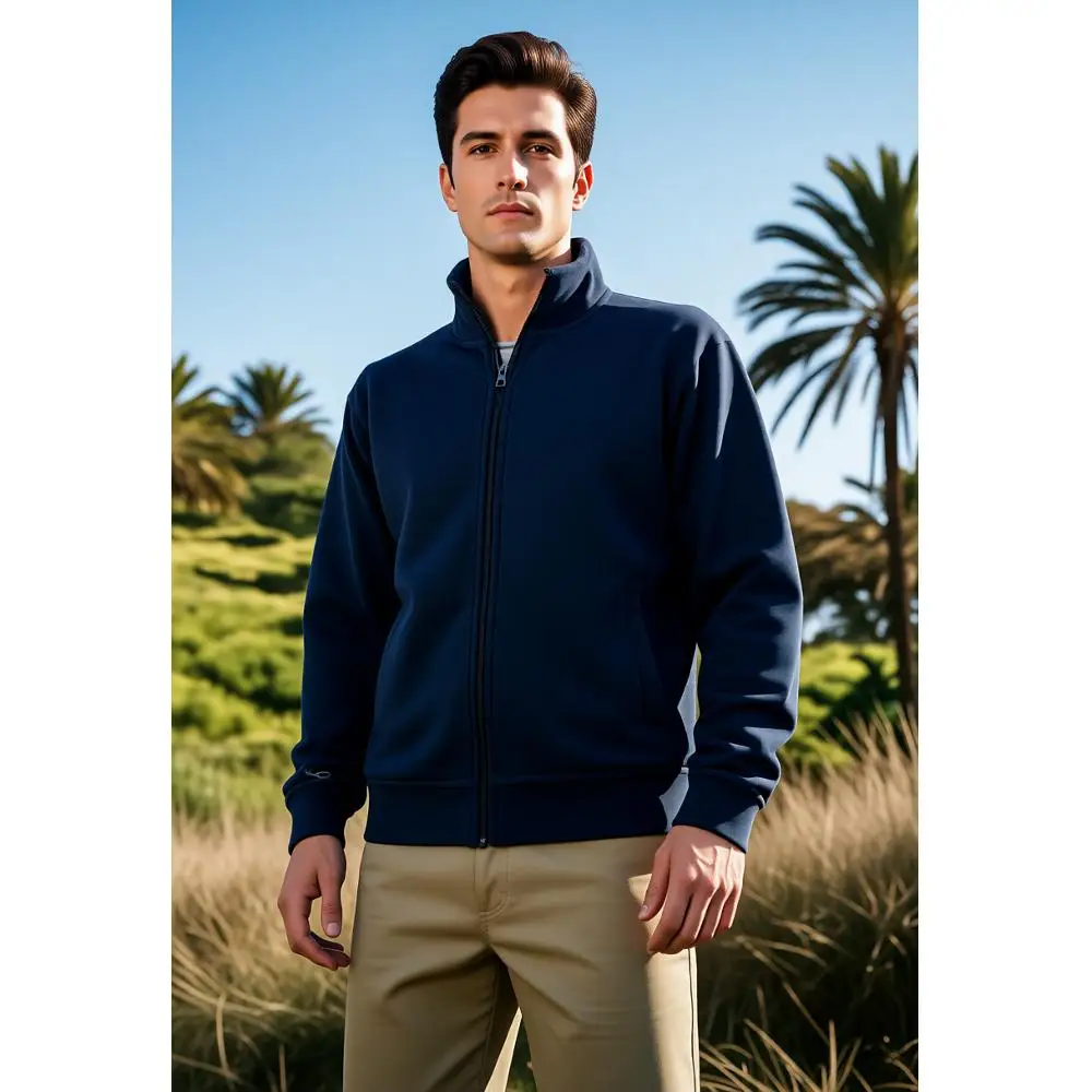 

Men's full zip jacket, lightweight casual hoodie, cotton blend pullover, essential for warmth. Available in navy blue and light