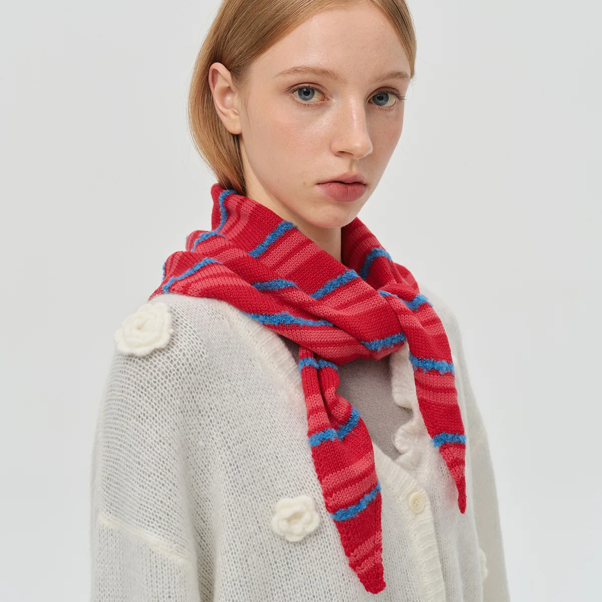 

Дизайнерский треугольный шарф из смеси шерсти хлопка в полоску для женщин - милый забавный вязаный маленький шарф в корейском стиле, утеплитель для шеи