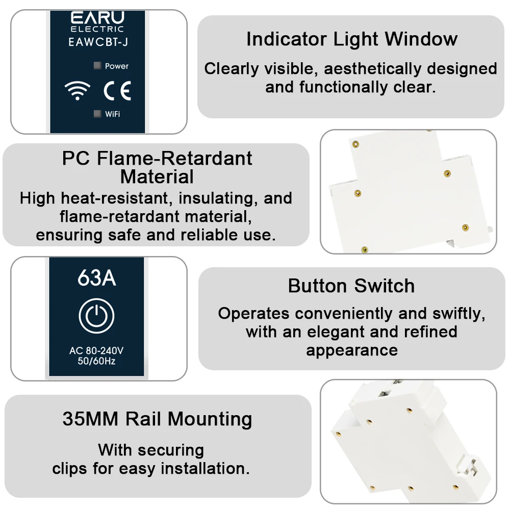 EARU Tuya MCB WiFi Intelligenter Schutzschalter 6-63A Zeitrelais Energie-KWh-Spannungs-Strommessgerät Schutzschalter Sprachfernbedienungsschalter – Detail 9