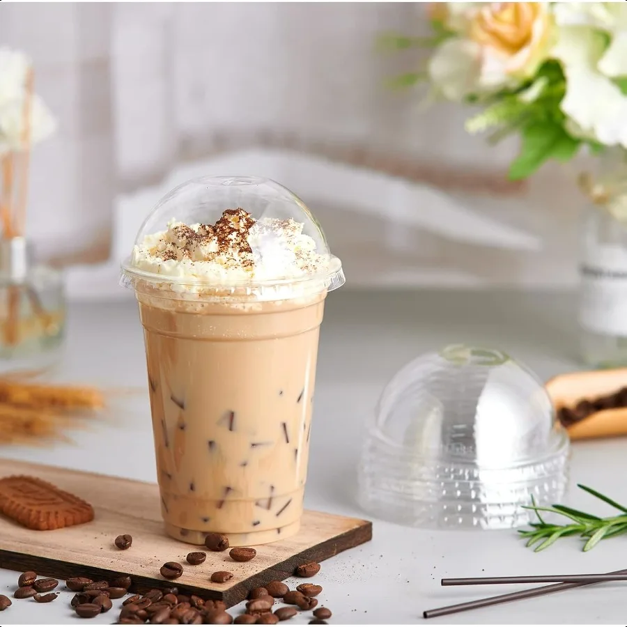 100 комплектов прозрачных пластиковых стаканчиков на 12 унций с купольными крышками. Пластиковые стаканчики для питья. Чашки для парфии на 12 унций для льда, кофе, смузи, пузырька Боба.