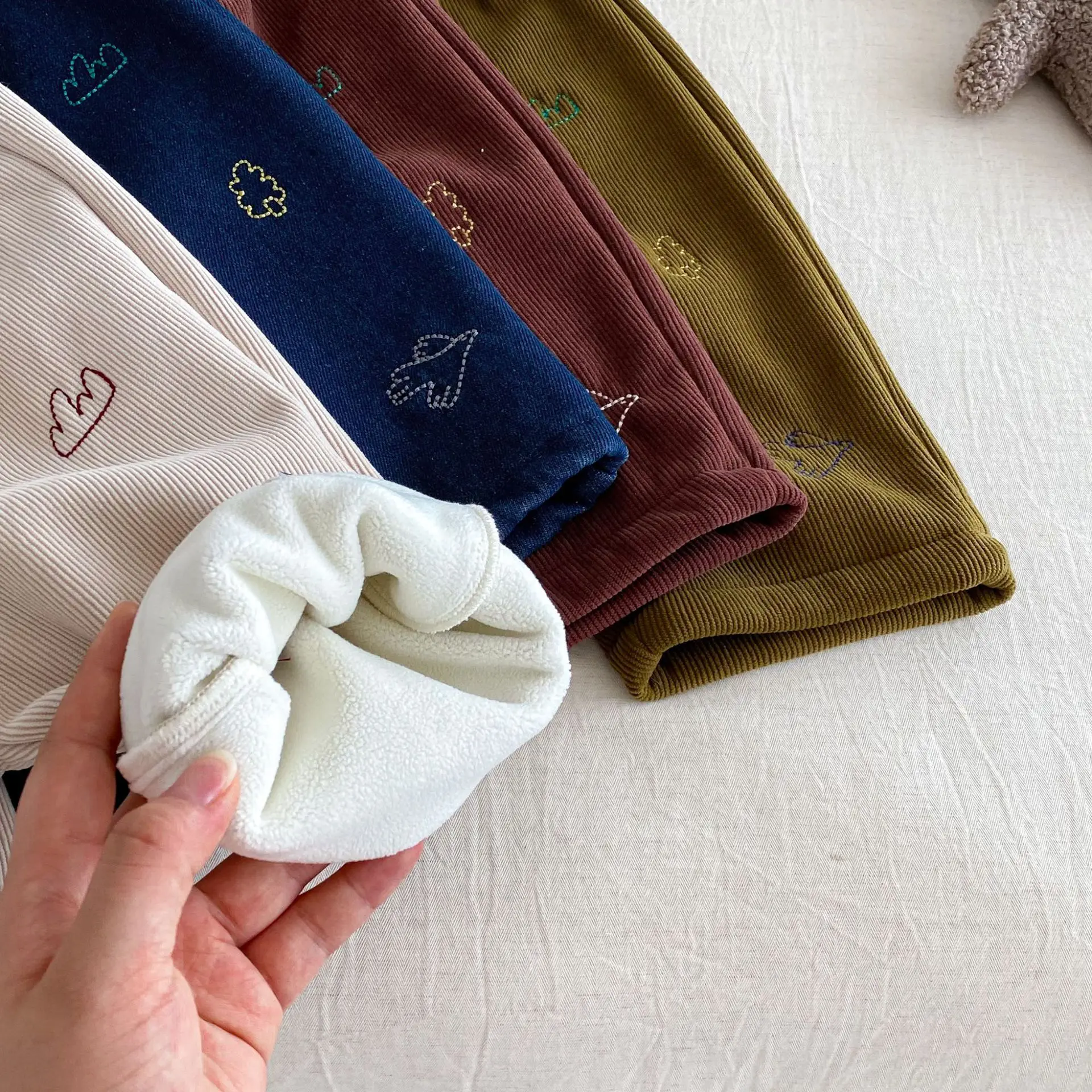 0-5Y طفل أطفال مطرزة صوف مبطن السراويل 2025 جديد فضفاض صالح الشتاء الدافئ بناطيل كاجوال بيبي بوي فتاة قيعان الملابس #5