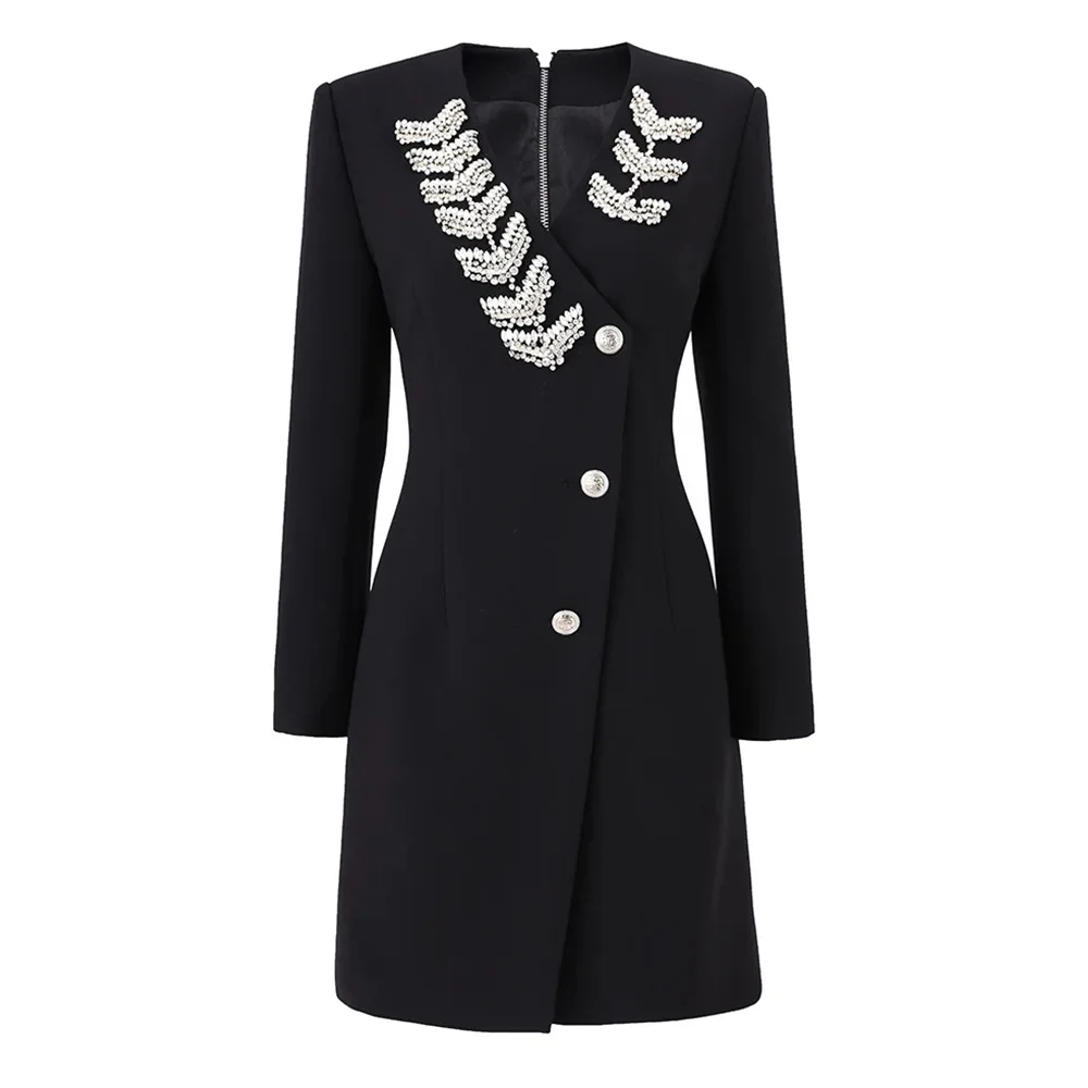 

Luxury Fine Workmanship Rhinestone Beading V-neckline Long Sleeve Women Office Blazer Short Mini Slim Dress