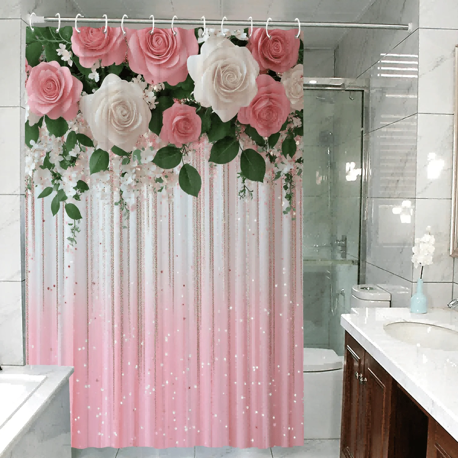 Beautiful Pink Floral Rose Shower Curtain Waterproof Glitter Sparkle Shower Liner Polyester Bathroom Decor Accent Home Decoratio