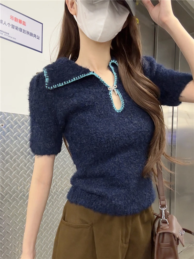 

French Sle ort Sve Knitted Sweater for Women Doll Collar Anti-Aging Faionable New Year's Outfit Slim Fit round Ne