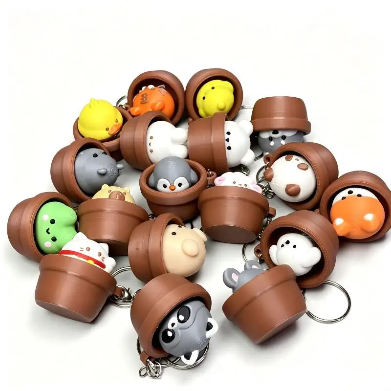 Cute Potted Animal Finger Button Clicker Fidget Keychain: Stress Relief Lovely Designs Backpack Decor Kids Gifts