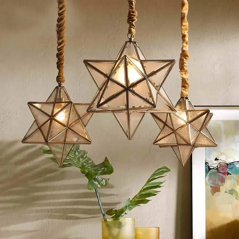 

American style minimalist all copper pendant lights bedroom living room balcony creative lighting corridor glass/star chandelier