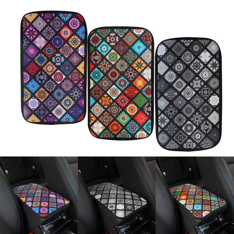 Ethnic Style Print Car Armrest Cover Mat Universal Leather Waterproof Non-slip Storage Box Pad Auto Styling Interior Accessories