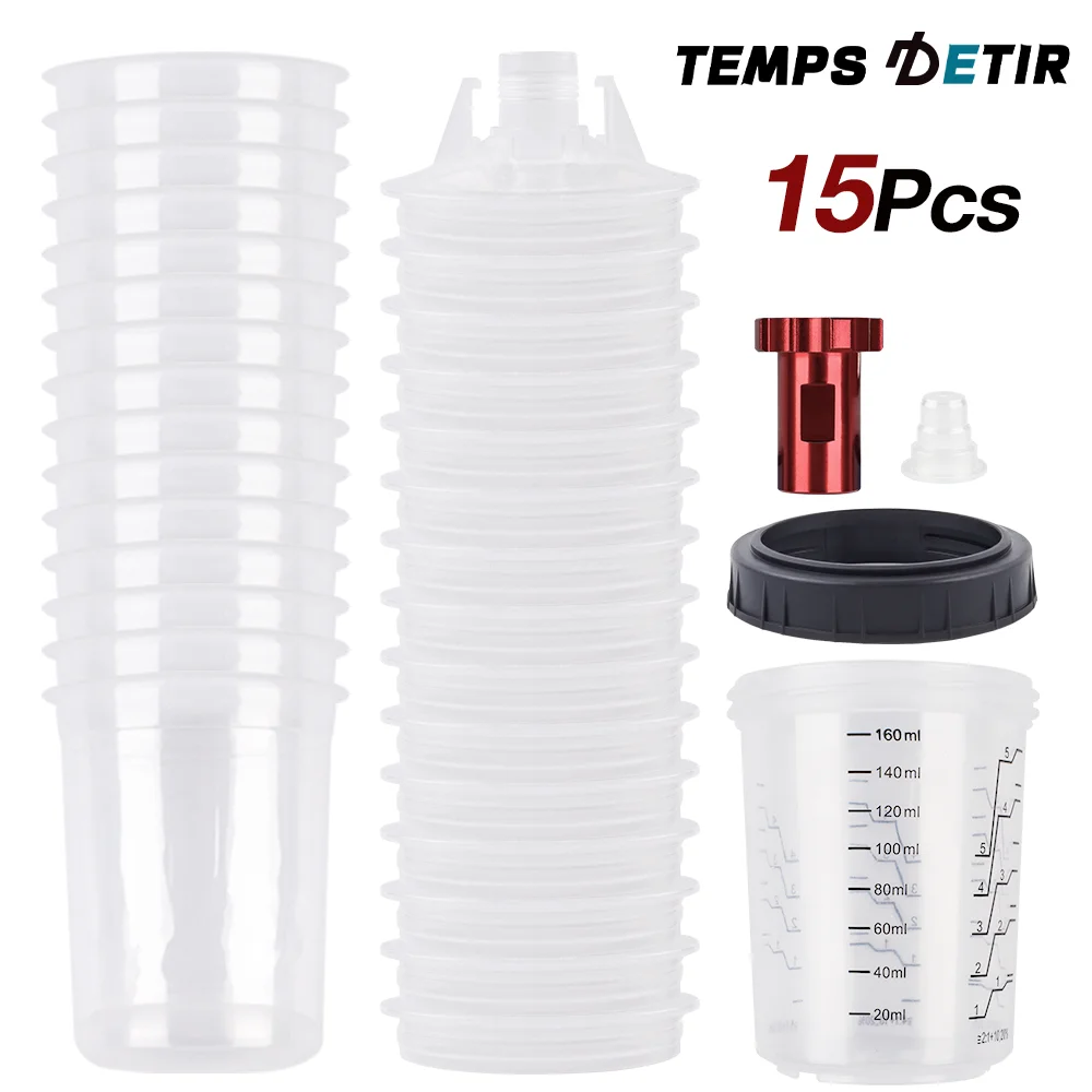 15Pcs Spray Gun Paint Mixing Cup H/O Quick Cup Spray Gun Tank 5.6oz/160ML Disposable Paint Cup with M14 Spray Gun Cup Adapter