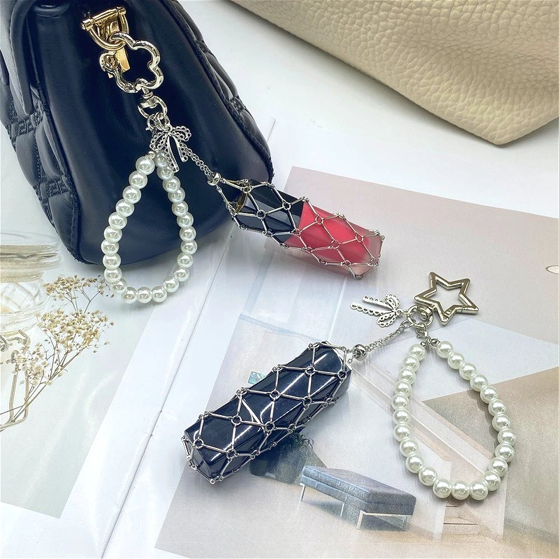 جديد زهرة مشبك اللؤلؤ السوار أحمر الشفاه سلسلة حقيبة المفاتيح غطاء مرآة شعار مخصص الشفاه بلسم كيس شبكي حلقة رئيسية النساء هدية #2