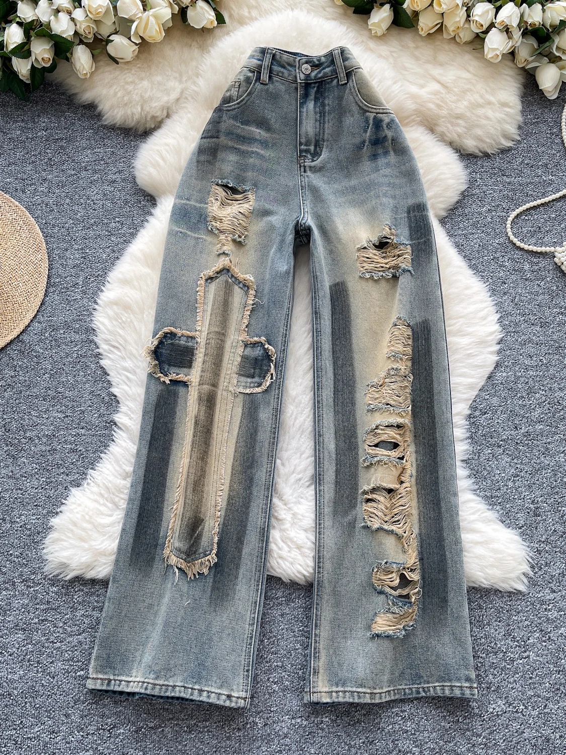 

Cool Spicy Sle High Waist Wide Leg Jeans Women's Vintage Ripped Straight Cut Denim Pants Trendy Long Trousers Casual Zipper
