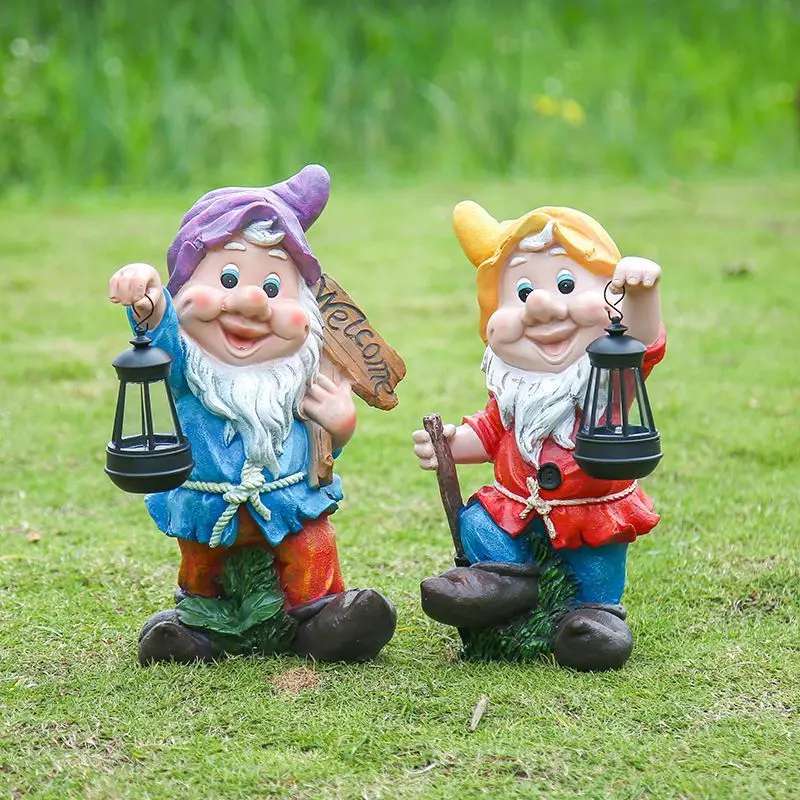 Открытый сад, солнечные фонари, статуи гномов, предметы украшения из смолы, двор, вилла, скульптура, украшения, аксессуары для дома, балкона