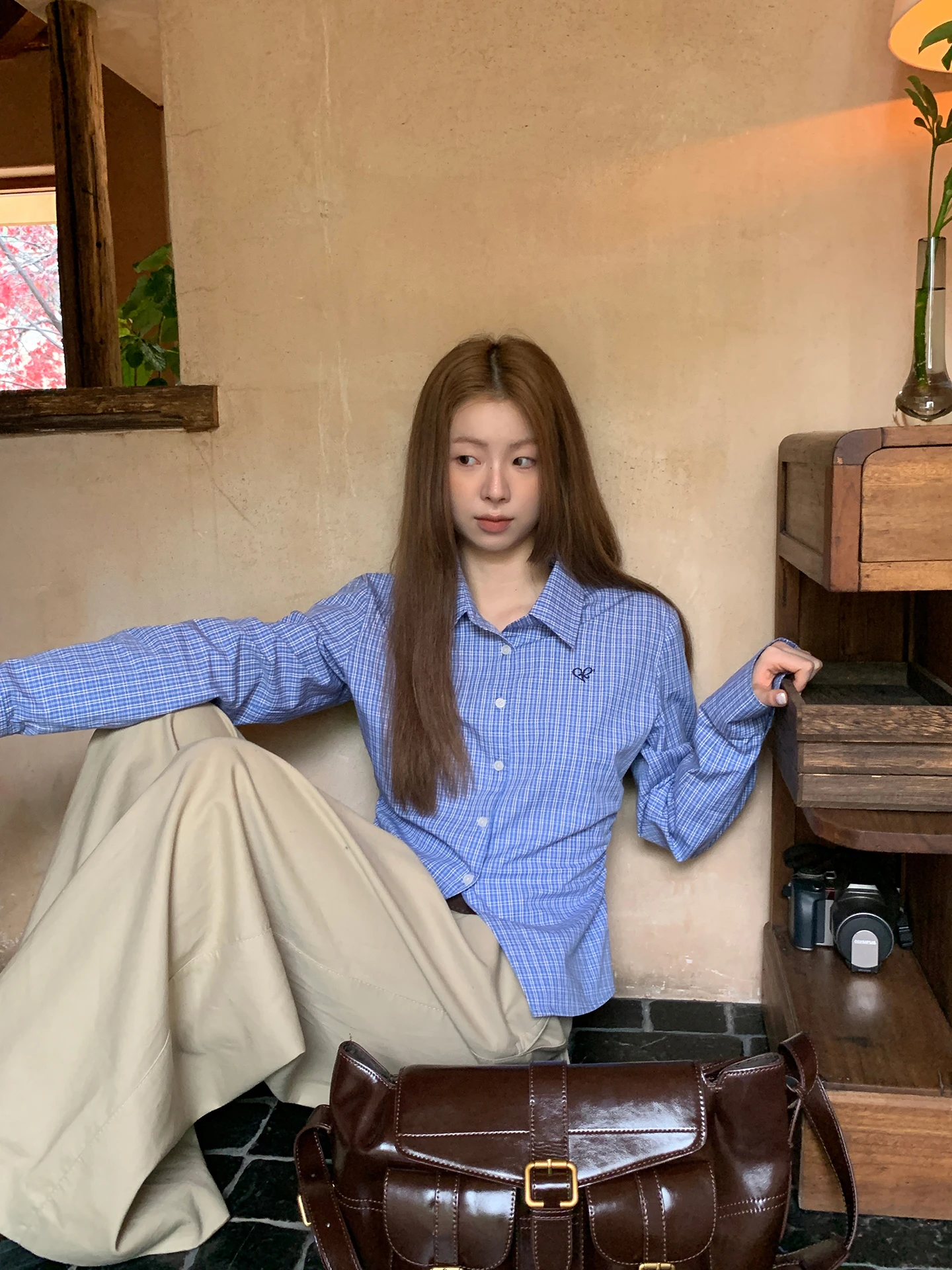 

Синий клетчатый длинный свек Slim Fit irt для женщин, ранняя осень, новый хлопок для поездок на работу, 00% воротник, застежка на пуговицы