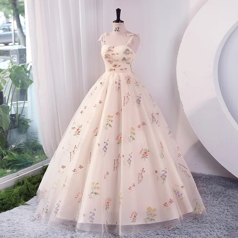 Evening Dresses Women 2024 Elegant Spaghetti Strap Embroidery Flowers Fairy Ball Gown Simple Sleeveless Party Vestidos De Festa