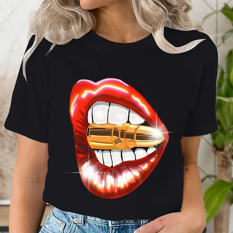 Summer Clothing Lips Biting The Bullet Fashion Women Tee T-shirts Casual Short Sleeve Tops Female Graphic T Shirt Black Clothes