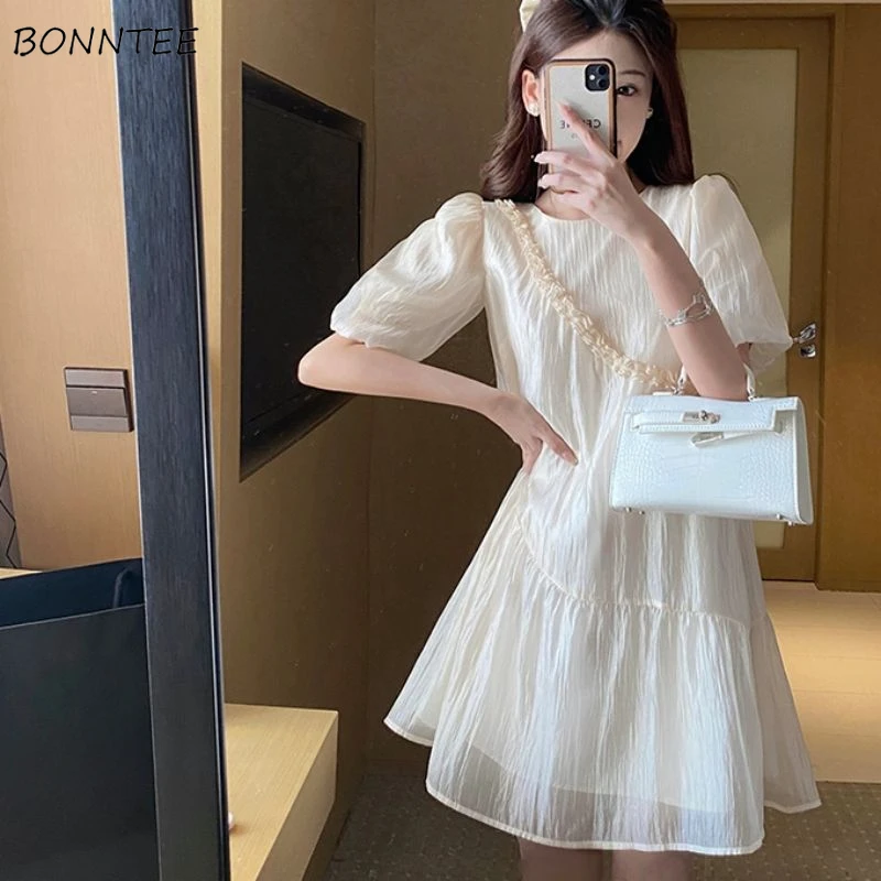 Mini Dresses Women French Style Puff Sleeve A-line Simple Tender Age-reducing Summer Loose Princess Vestidos Sweet Solid Ulzzang