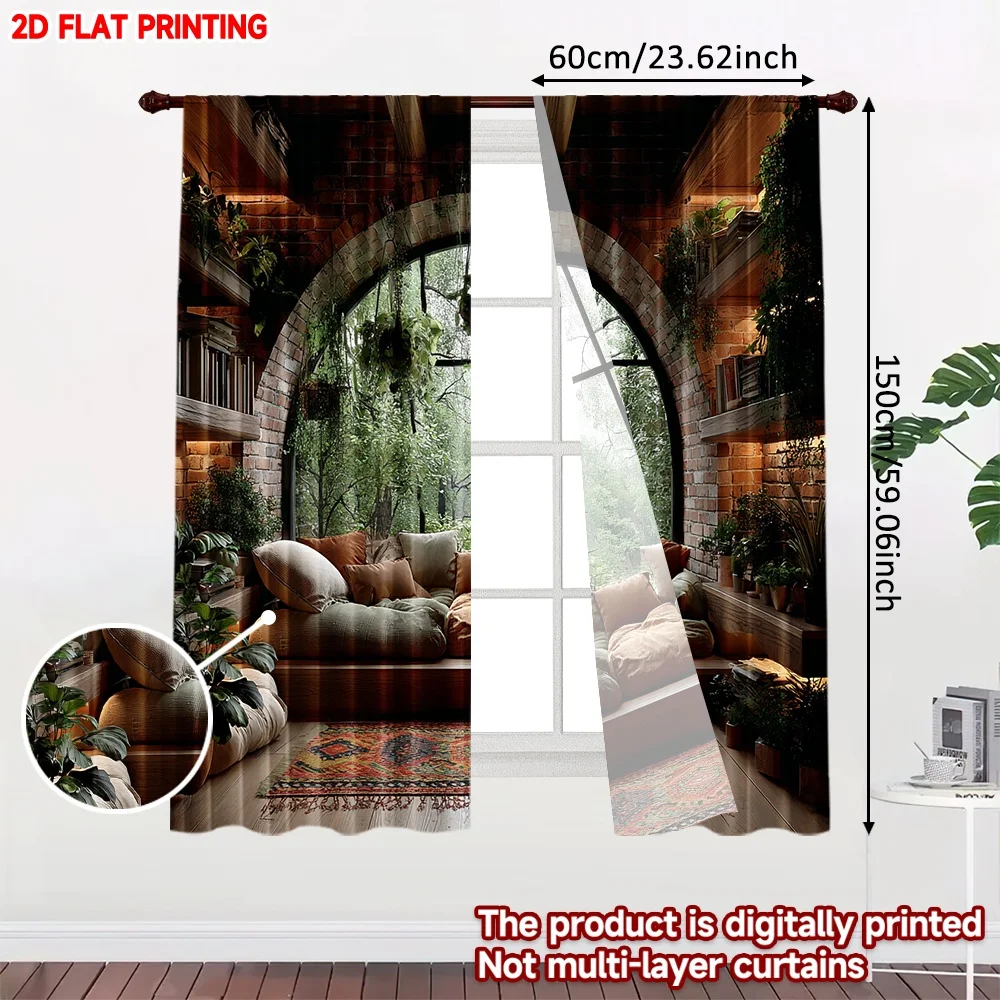 2pcs Arch Window Forest View Curtains 2D Flat Digital Printing, Cozy Indoor Scene with Sofa Pillows & Plants Single Layer Decor