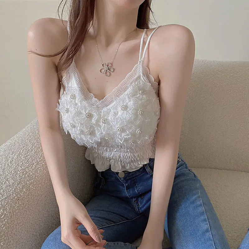 Summer Woman Clothes y2k Tops French Diamond Appliqué Camisole Bottoming Shirt Lace Crop Top Women\'s Folds Spaghetti Strap Tops