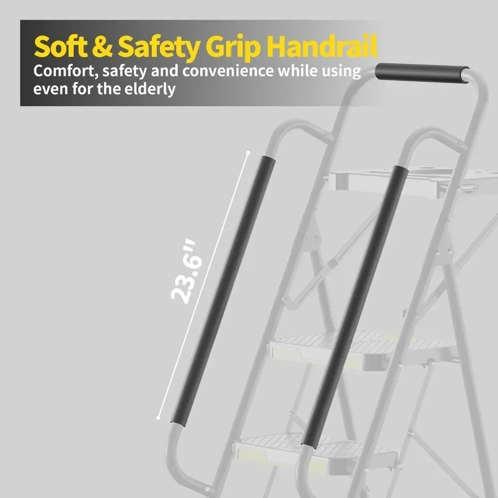 سلم قابل للتخصيص بـ 5 درجات مع منصة أدوات، مقعد قابل للطي مع درابزين، سلم فولاذي قوي بدواسة واسعة، 800 رطل P