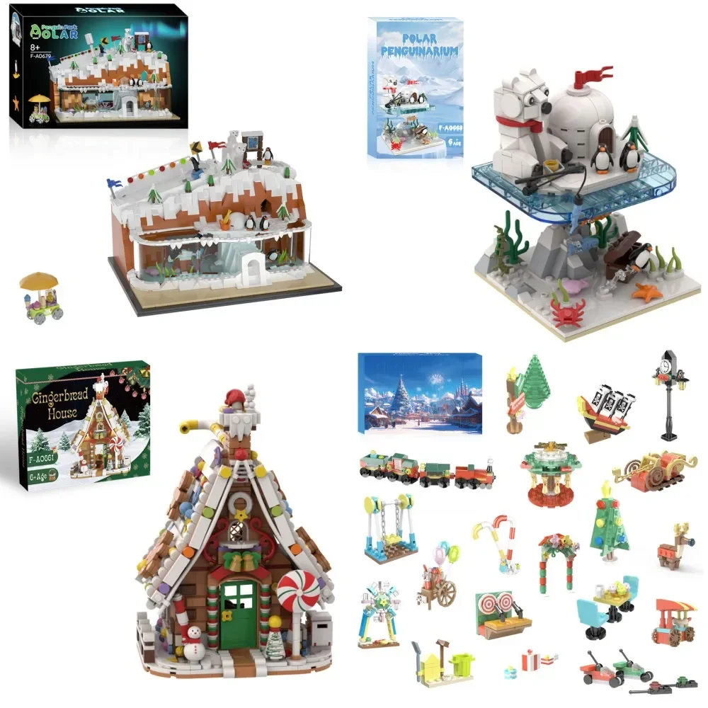 Moc natal gengibre casa de doces inverno pinguim blocos de construção modelo pinguim pavilhão diy tijolos brinquedo para crianças presente natal