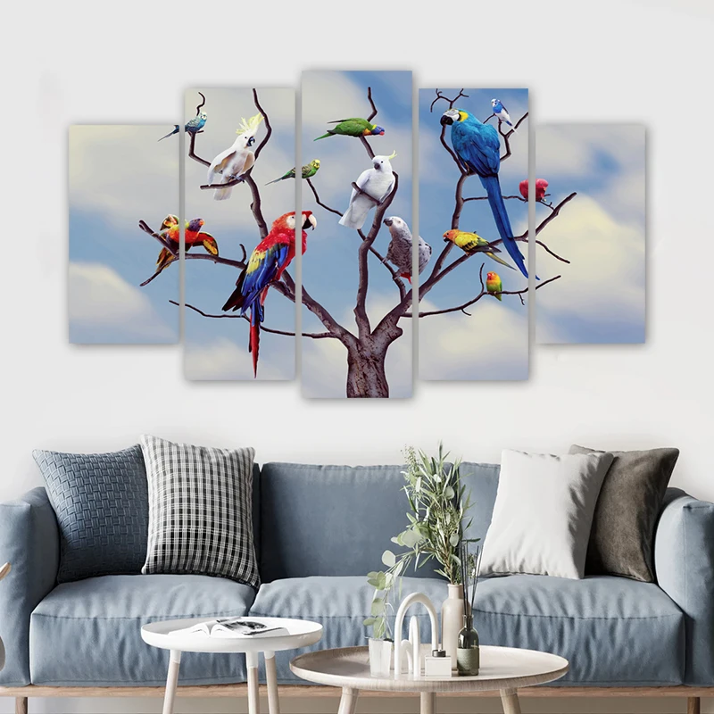 5 Pieces Parrots Birds Posters Animal Canvas Painting Wall Art for Living Room Home Decoration Modern Abstract Prints No Frame