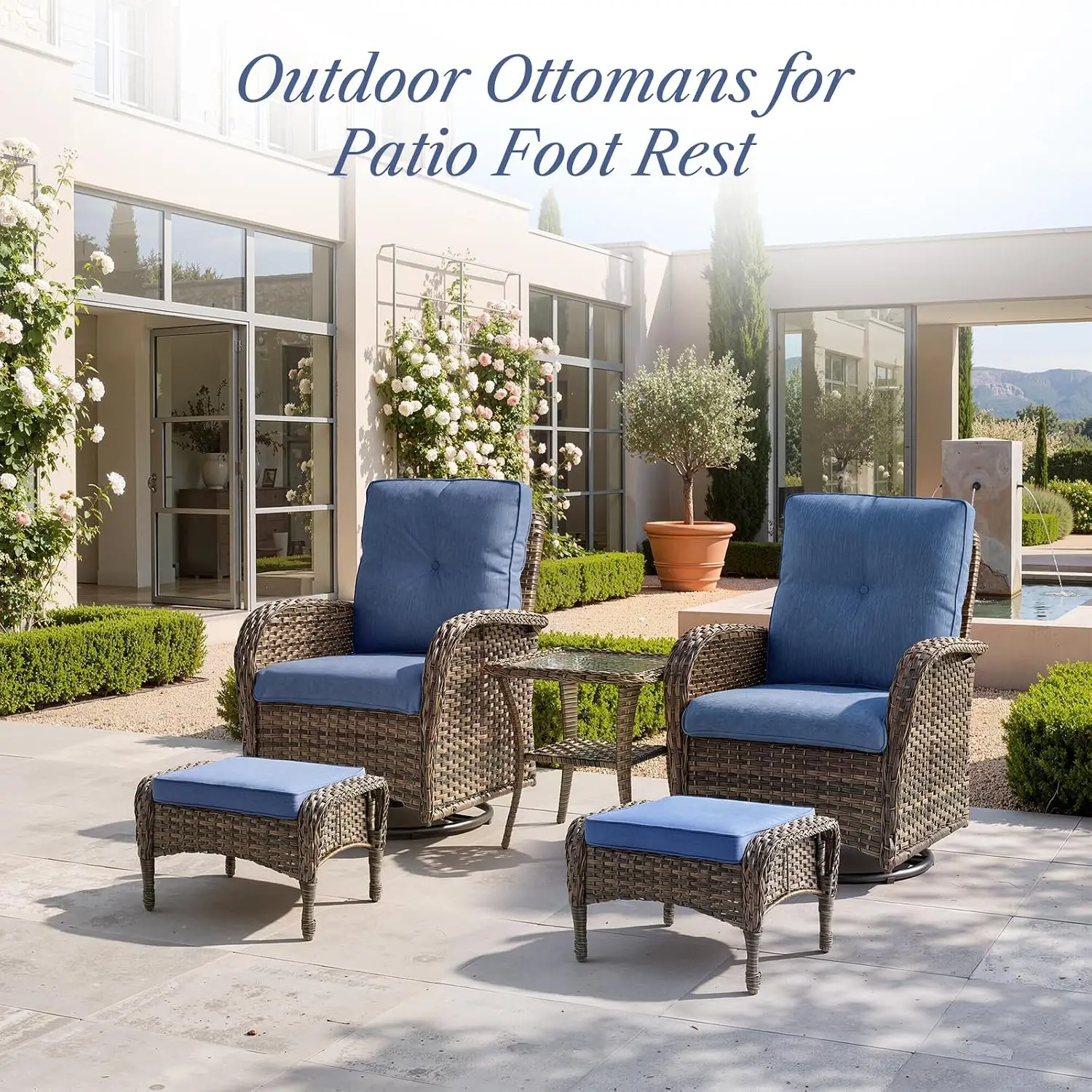 2pc Wicker Ottoman Set Thick Cushion All-Weather PE Rattan Footrest Stool Patio Seat Porch Deck Balcony Brown Blue, Customized