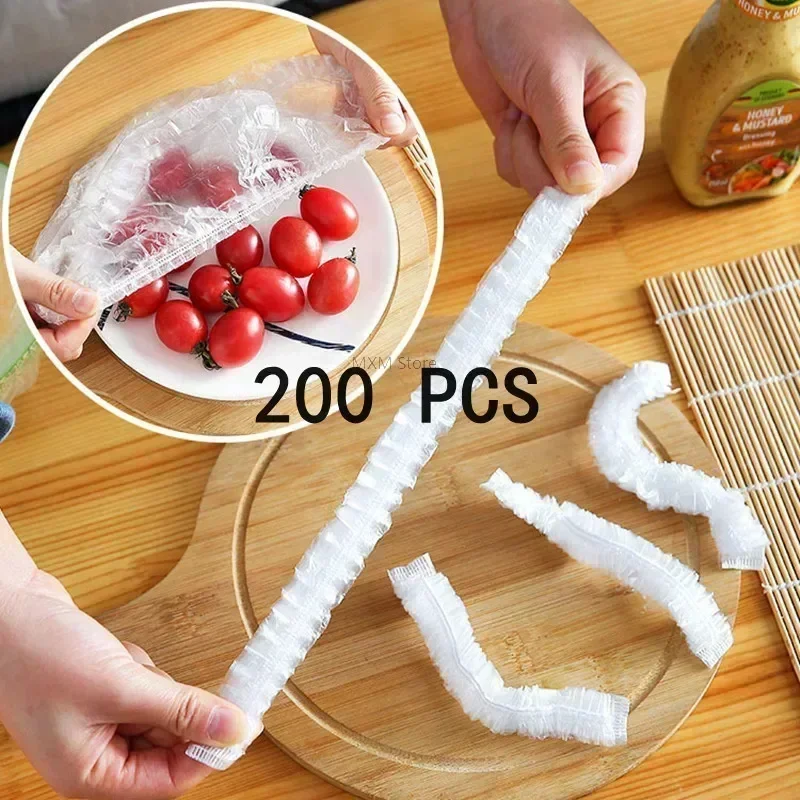 200 Pieces Food Bags Disposable Food Cover Plastic Wrap Fruit Bowl Cup Lid Store Kitchen Plastic Bag Storage Organization Home