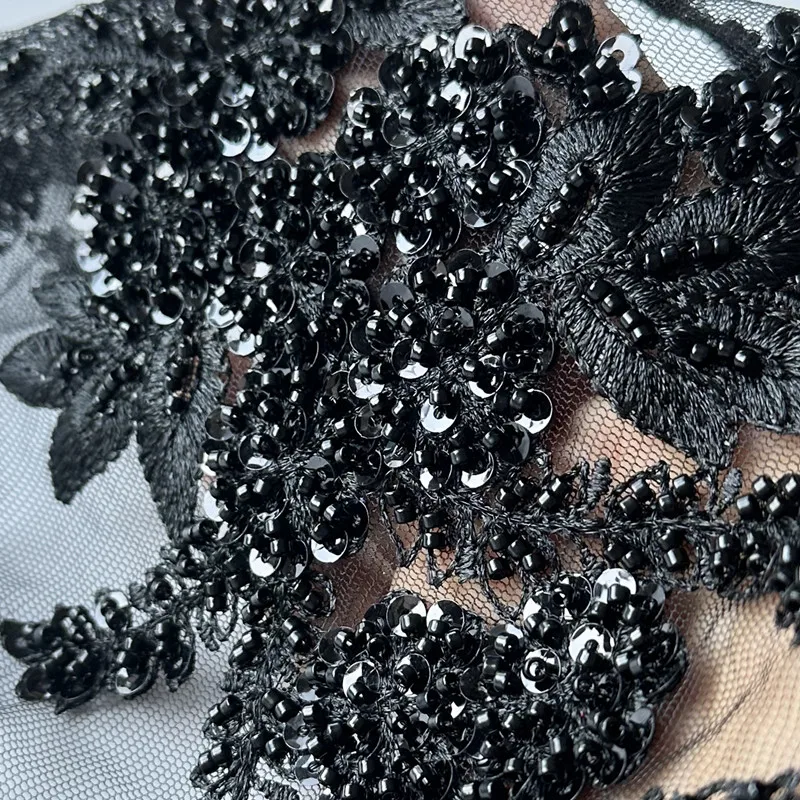 1Ps Black Sequin Lace Patch Mesh Embroidery Fabric Flower Bead Applique Sewing For  Wedding Evening Dress Clothing Accessory Diy