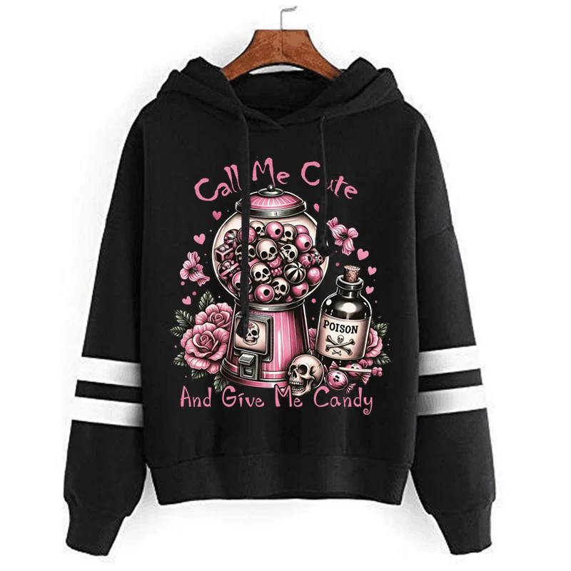 Sudaderas con capucha de manga larga con estampado de máquina de chicle de calavera rosa para mujer, Sudadera con capucha "Call Me Cute and Give Me Candy", moda de otoño