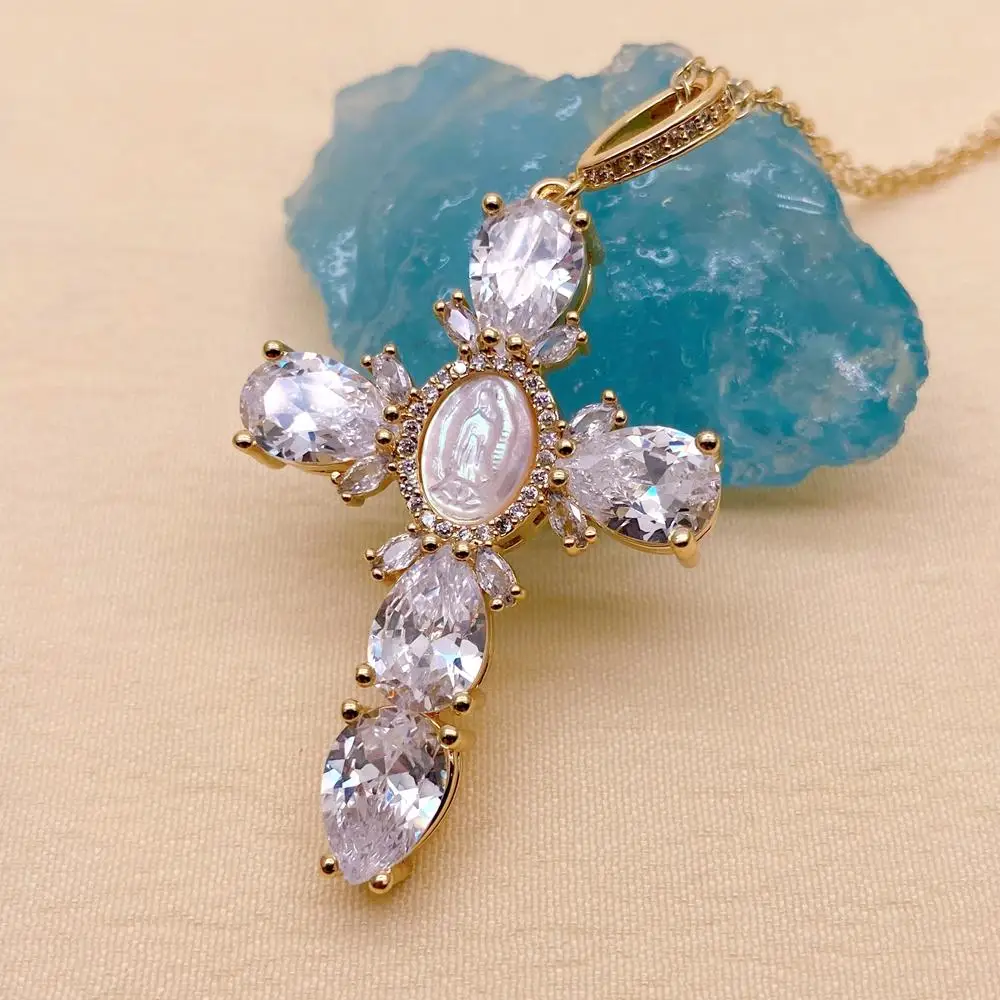 Y·YING Virgin Mary Cross Pendant Chain Necklace Mother Shell Pearl CZ