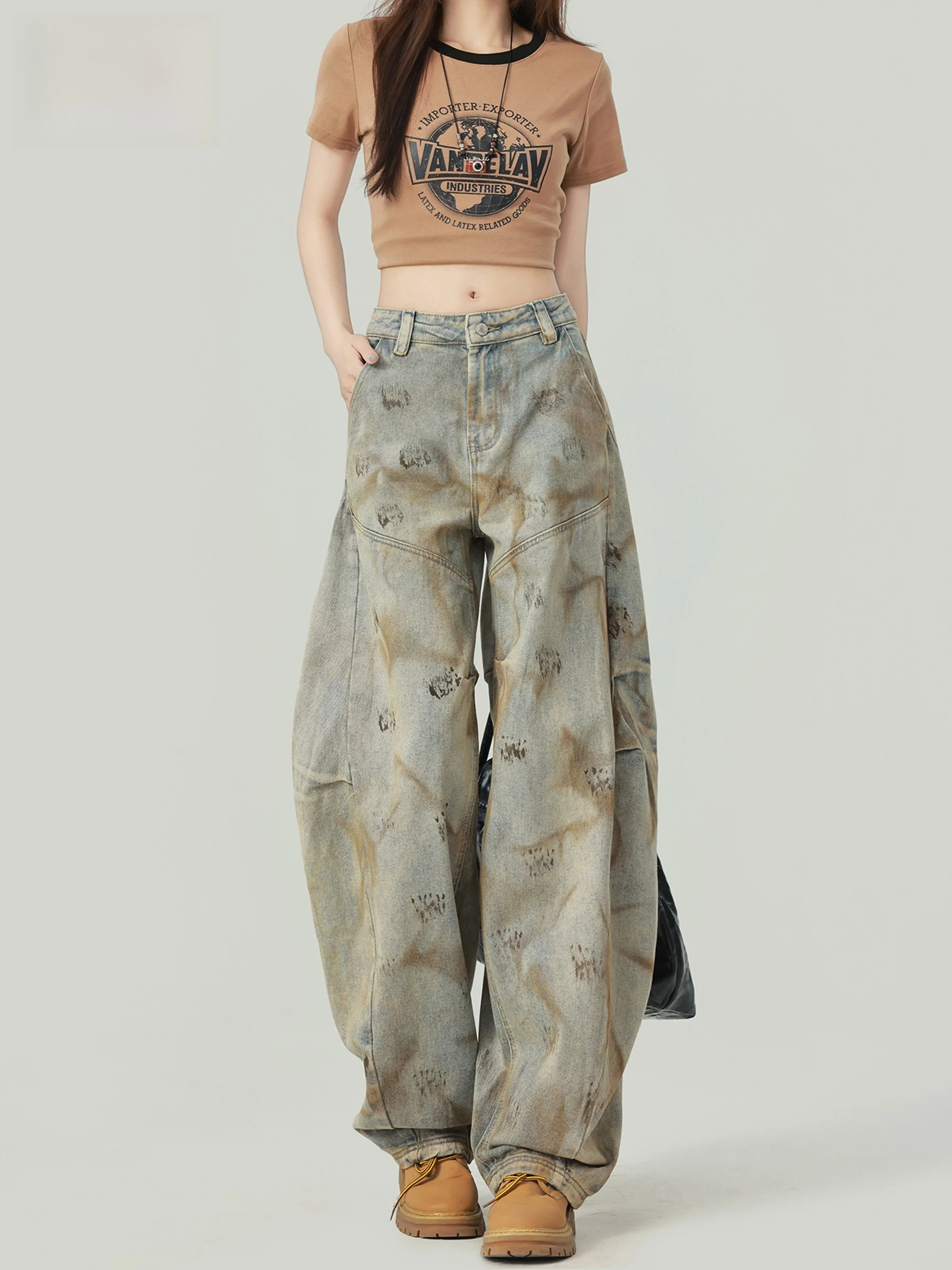 

Retro Heavy Duty Distressed High Waist Jeans Women's Loose Design Wide Leg Knife Pants Casual Style Button Craft Denim Fabric